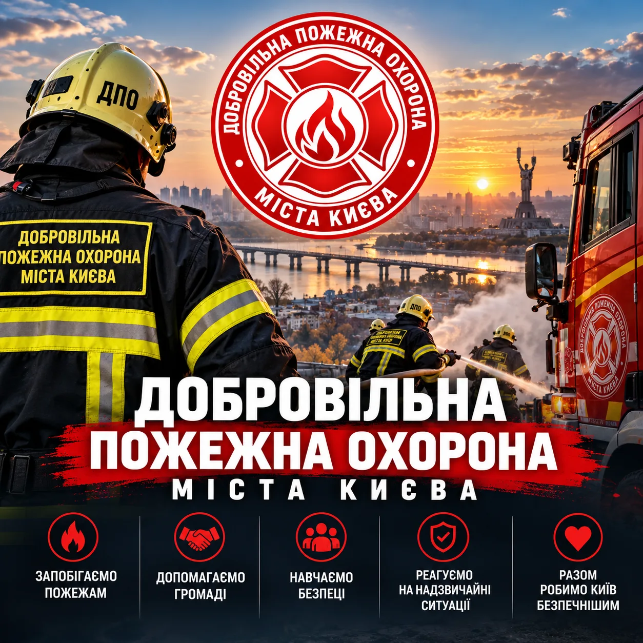 Ілюстрація добровільних пожежників на тлі Києва